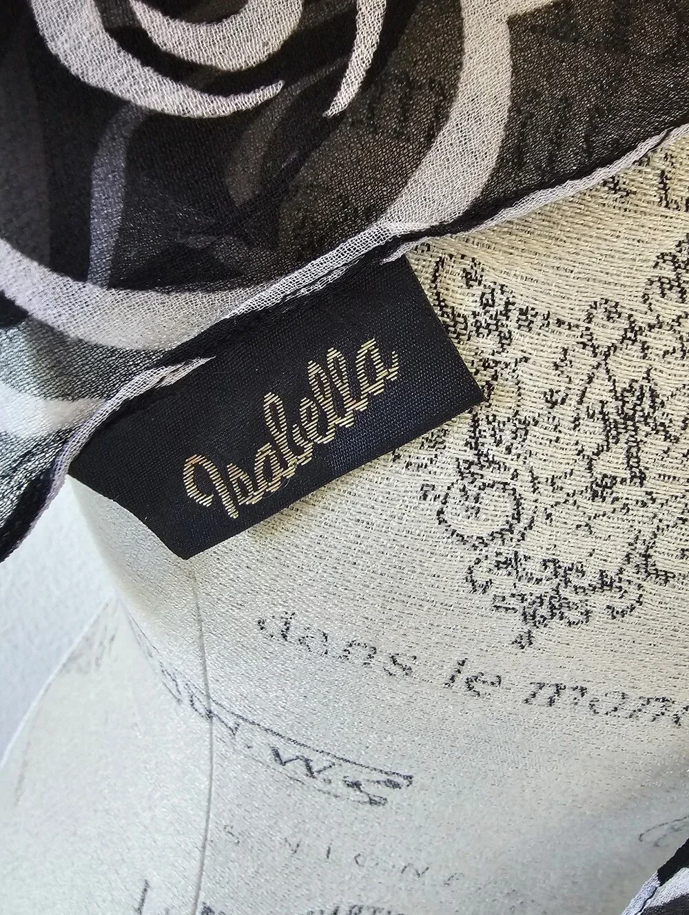 Isabella Vintage Black & White Rose Scarf – Sheer Floral Chiffon Neck Ribbon​